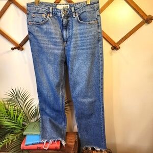 Topshop MOTO Jeans Womens Size 30 Raw Hem Wide Leg Cropped Medium Wash Waist